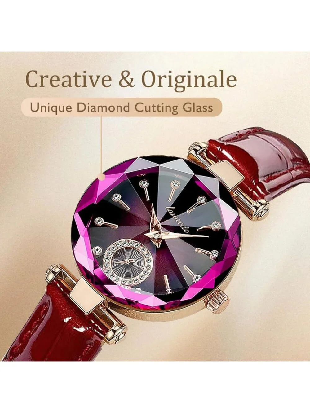 Womens Red Purple Elegant Leather Strap Analog Creative Diamond Dial Wrist Watch